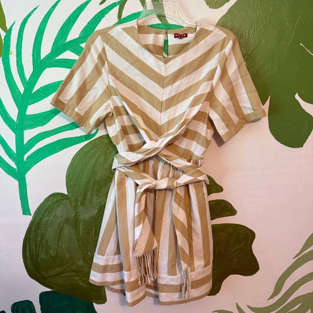 STAUD Beige and White Striped Tie-Waist Dress